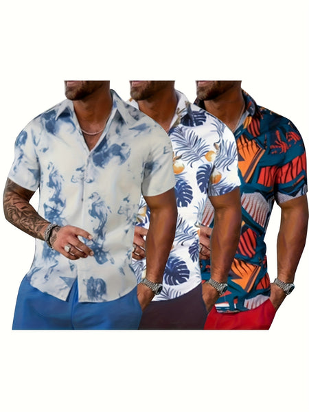 3pcs Men'S Tropical Hibiscus & Palm Leaf Print Short Sleeve Summer Shirts - Breathable Non-Stretch Fabric, Button-Up Collar Casual Button-Up Shirt with Tropical, Hibiscus & Palm Leaf Design, Machine Washable, Perfect For Beach, Vacation