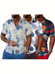 3pcs Men'S Tropical Hibiscus & Palm Leaf Print Short Sleeve Summer Shirts - Breathable Non-Stretch Fabric, Button-Up Collar Casual Button-Up Shirt with Tropical, Hibiscus & Palm Leaf Design, Machine Washable, Perfect For Beach, Vacation
