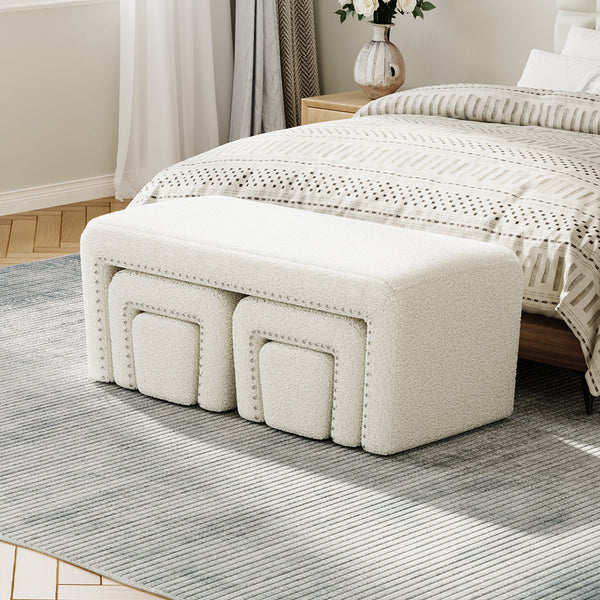 Boucle Fabric Bed End Stool 5-piece Set, Leisure Changing Shoes Stool, 5 Combination Stools, Sofa Footrest, Soft and Comfortable Bedside Bench, Suitable for Living Room Bedroom Rest Room