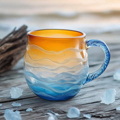 Sea Glass Wave Mug, 12oz Ocean Wave Glass Mug with Handle, Captivating Artistic Beach Sea Wave Coffee Cups Gift for Ocean Lovers, Drinking Coffee, Tea, Wine, Cocktails (Orange)