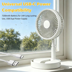 Portable Standing Fan, Foldable Telescopic Pedestal Fan with 7200Mah Battery, Rechargeable Floor Fan with 4 Speeds & 180° Tilt, Portable Fans Rechargeable for Bedroom, Home, Office and Travel (White)