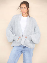 KatchMe Women's Commuter Versatile Balloon Sleeve Knit Short Cardigan ，Casual Knitwear for Lady, Plain Open-Front Side Pocket Womenswear