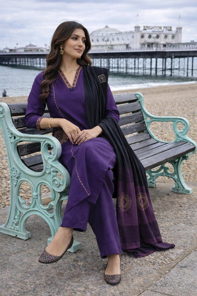 TeamWear* Womens Cotton Embroidered Neck and Dual Pockets Kurta Set with Palazzo and Contrast Dupatta