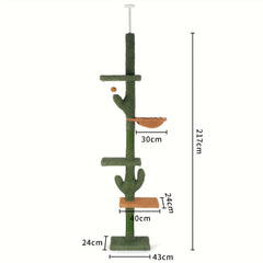 Cactus Cat Tree Floor to Ceiling Cat Tower with Adjustable Height 229Cm-275Cm, 4 Tiers Cat Climbing Activity Center with Cozy Hammock, Platforms And Dangling Balls, Green