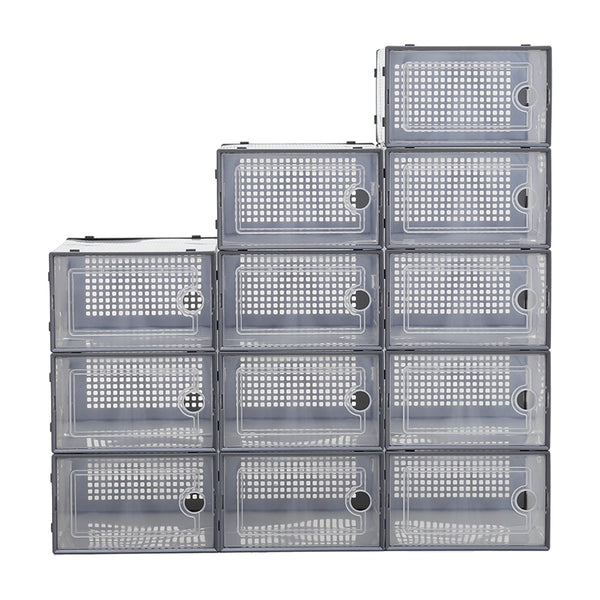 Pack of 12 Stackable Shoe Boxes Shoe Storage Organisers, Sturdy & Durable, Space Saving, Shoe Organizer Containers with Lids for Women/Men, Ideal for Entryway, Closet, Living Room, Bedroom, Office, Dorm, Fit Up To UK Size 9.5, 23x33x14cm