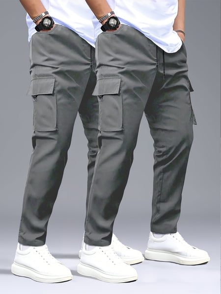 Men's 2pcs Cargo Pants with Drawstring Waist and Multiple Pockets, Suitable for Outdoor Casual Wear