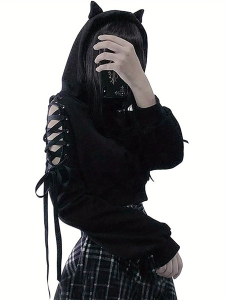 Womens Fashion Printing Sweatshirt Casual Bandage Long Sleeve Exposed Navel Hooded T-shirt