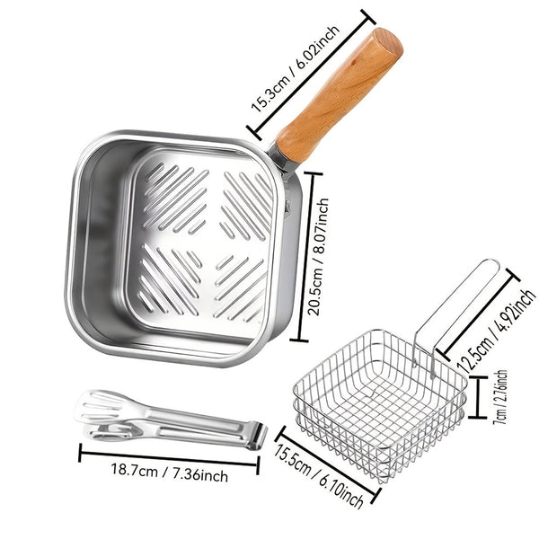 Square Pot Set for Deep Frying Made of Stainless Steel, Includes a Frying Pan, Basket, And Tongs