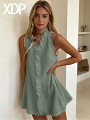 Women's Scalloped Edge Ruffle V-Neck Mini Dress, Casual Sleeveless Swing Dress for Daily