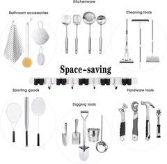 Broom and Mop Holder - Wall Mounted 5 Holders + 4 Hooks with Nails Installation, Stainless Steel, Self Adhesive, Heavy Duty Gripper