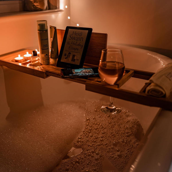 Bamboo Bath Tray, Luxury Extendable Caddy, Glass, Book, Tablet & Phone Holders - Adjustable for a Home Spa Experience