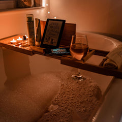 Bamboo Bath Tray, Luxury Extendable Caddy, Glass, Book, Tablet & Phone Holders - Adjustable for a Home Spa Experience