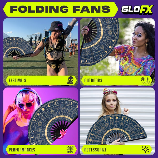 [Golden Zodiac Fan] Golden Navy Blue Zodiac Constellation Folding Hand Fan | Novelty Design for Dance Cosplay, Weddings, Parties & Role-Playing Props