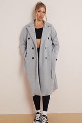 Women's Classy Solid Color Double Breasted Detachable Belted Pocket Pea Coat, Lapel Neck Long Sleeve Outerwear for Fall & Winter