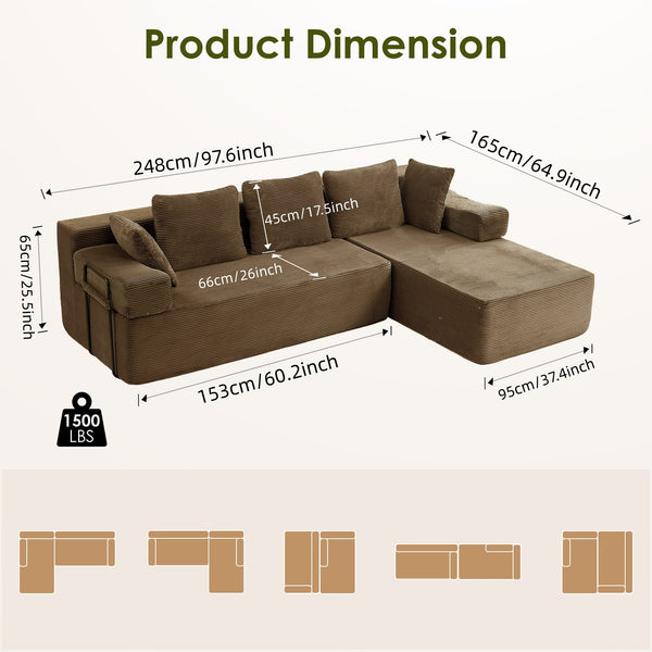 ROXGOX L-Shaped Sectional Sofa with Reversible Chaise, Left or Right Facing Modular Couch, No Assembly Required, Perfect for Small Apartment, Black Borwn Grey