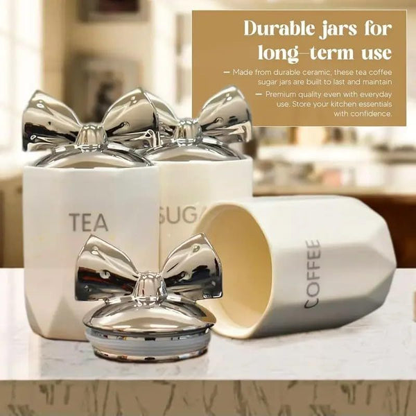 White Silver 3-Piece Marble Effect Ceramic Tea, Coffee & Sugar Canisters – 15x11cm Kitchen Storage Jars with Silver Bow Lid, Crystal Style Containers for Home Décor, Dining Table & Gift Set