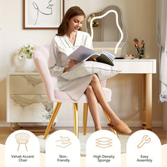 Modern Velvet Accent Chair With Back, Upholstered Vanity Chair For Makeup Room, Makeup Side Chair Desk Chair With Golden Metal Legs For Bedroom Living Room