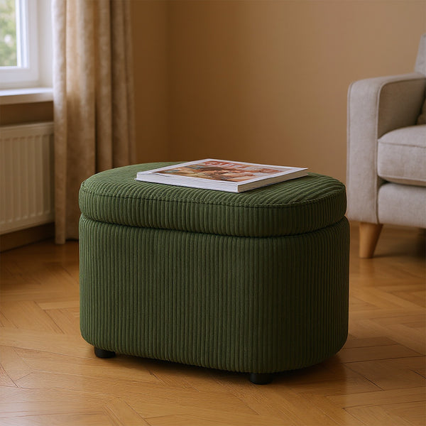 1pc Plush Teddy Round Upholstered Storage Ottoman Stool - 60x40x45cm Lidded Footrest with Hidden Storage Space | Multi-Functional Shoe Changing Bench for Living Room, Bedroom & Entryway | 3cm Black Plastic Legs (Green/White)