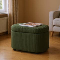 1pc Plush Teddy Round Upholstered Storage Ottoman Stool - 60x40x45cm Lidded Footrest with Hidden Storage Space | Multi-Functional Shoe Changing Bench for Living Room, Bedroom & Entryway | 3cm Black Plastic Legs (Green/White)