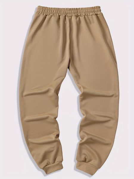 Three-pc Men's Solid Color Plain Elastic Waistband Drawstring Ribbed Cuffed Casual Jogger Pants, Men's Dress Administrative Trousers