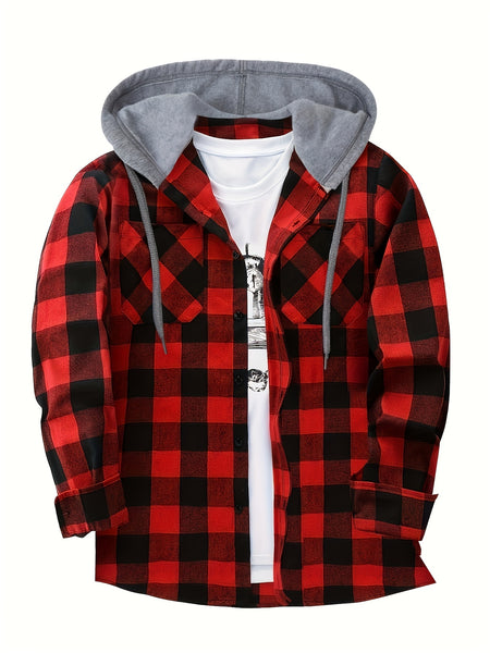 3pcs Men's New York Fashion Trendy Plaid Shirt Hooded Plaid Sweatshirt Flannel Hoodie