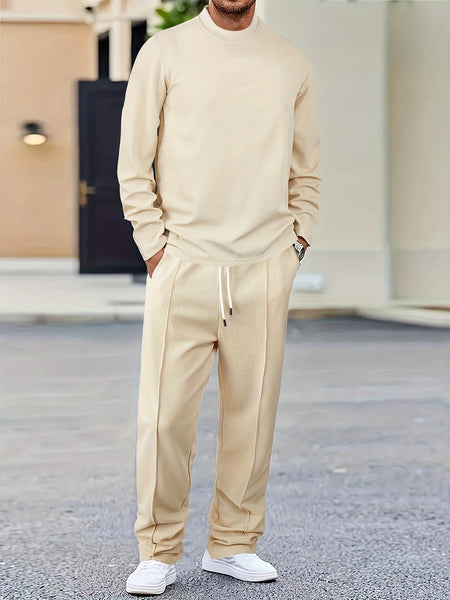 Men'S 2pcs Solid Color Waffle Casual Set, Long-Sleeved Round Neck Pullover Sweatshirt And Solid Color Drawstring Pants, Chic And Comfortable Casual Set, Suitable for Men'S Daily Casual Wear, Vacation Wear, Spring And Autumn Men'S Clothing