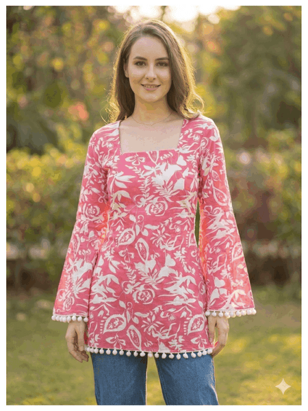 Estationeryhouse Cotton Printed Kurta Top, Long Sleeves, with White Tassels and Drawstring for Adjusting at Back
