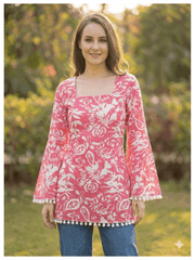 Estationeryhouse Cotton Printed Kurta Top, Long Sleeves, with White Tassels and Drawstring for Adjusting at Back