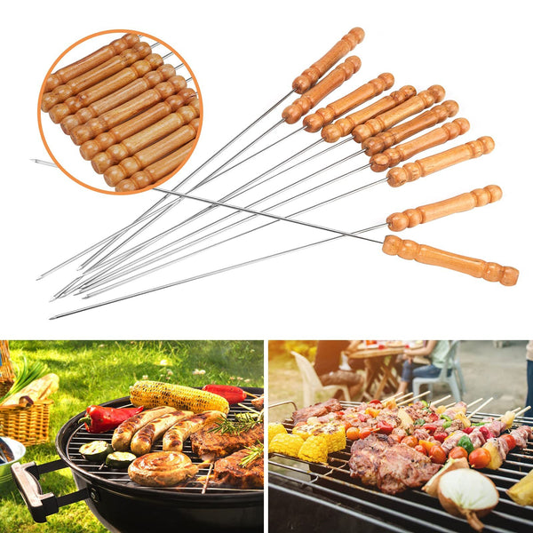 Mini 12pcs Reusable Stainless Steel Metal BBQ Skewers with Metal & Wooden Handle, Barbecue Sticks Brochettes Safe Grill Tools for BBQ, Family Gathering, Cocktail, Party Essential, Friends, Outdoor Kebab 29.5cm