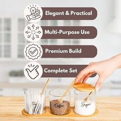 Marco Paul Glass Tea Coffee Sugar Canisters Set with Lids Hot Chocolate Station Glass Storage Jars with Lids Cocoa Powder Spices Herbs Home and Kitchen Accessories House Essentials Storage Containers