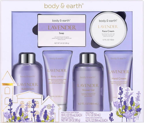 BODY & EARTH Bath Spa Gift Set for Women, Shower Gift Sets, 6Pcs Lavender Toiletries Gift Sets for Women, Luxurious Pamper Gifts for Women Birthday Gifts for Her Ladies Gift Sets Valentine'S Gifts