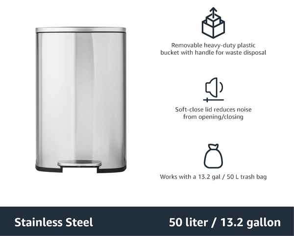 Amazon Basics Rectangular Kitchen Bin with Steel Bar Pedal, Soft-Closing Mechanism for Home and Office Use, 50 L/13.2 Gallon, Satin Nickel Finish