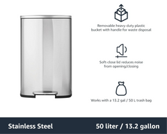 Amazon Basics Rectangular Kitchen Bin with Steel Bar Pedal, Soft-Closing Mechanism for Home and Office Use, 50 L/13.2 Gallon, Satin Nickel Finish
