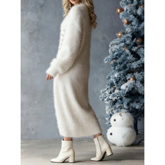 2026 Autumn and Winter V-neck Loose Lazy Style Button Decoration Slit Dress Temperament