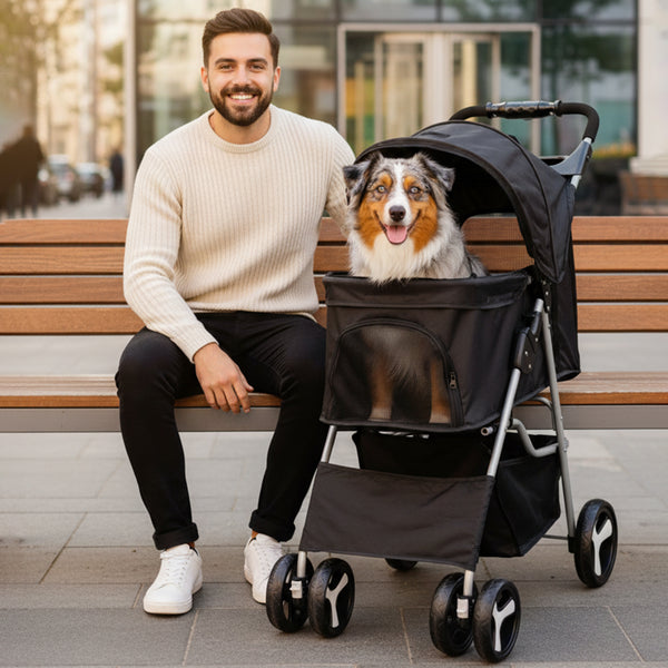 Foldable Pet Stroller With Rain Cover, Portable Foldable Outdoor Walking Cart with Large Space, Hand-Pull Design, Durable Oxford Fabric, Ergonomic Handle & Ventilation Mesh, Lightweight & Sturdy Frame For Small To Medium Dogs - Outdoor Pet Carrier, Modern