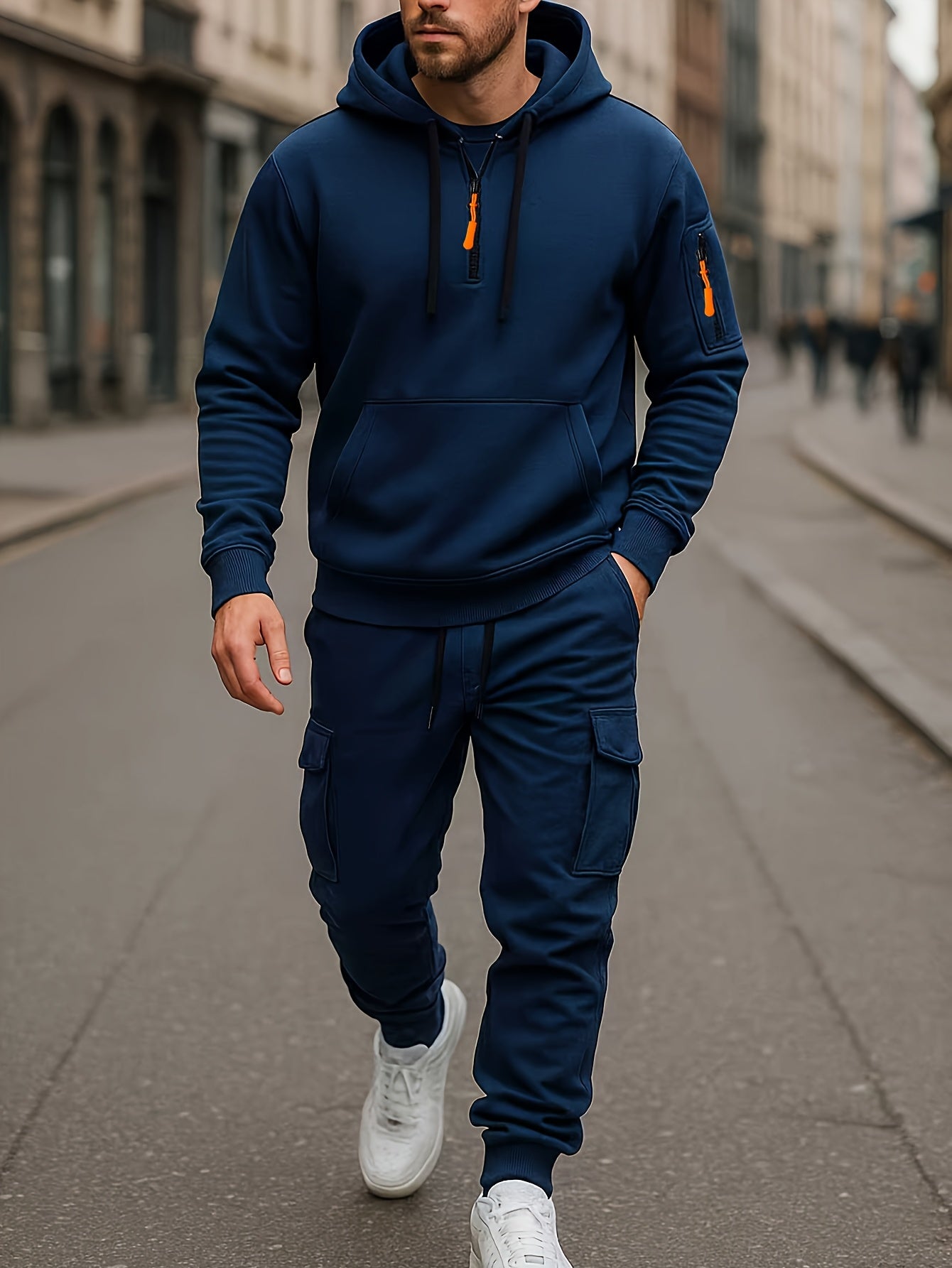 Fashion Street Style Set, Casual Versatile Jacquard Hooded Sweatshirt And Long Pants 2pcs Outfit, Men'S Clothing