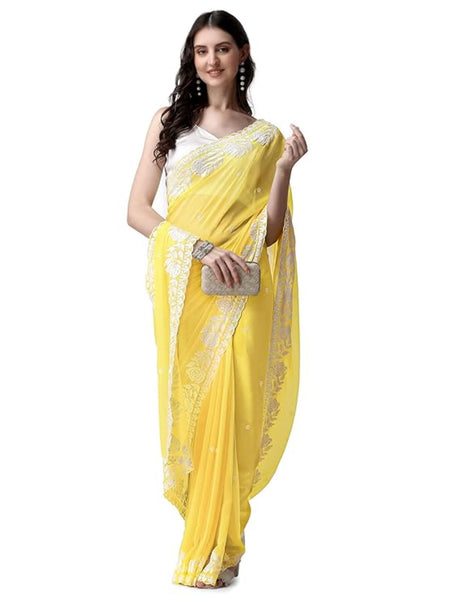 Estationeryhouse Women's Georgette Embroidery Border Work Designer Saree with Blouse Piece
