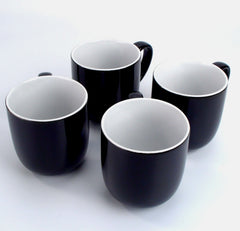 Set of 4 Black Gloss Tea & Coffee Mugs – 350ml Ceramic Cups Kitchenware