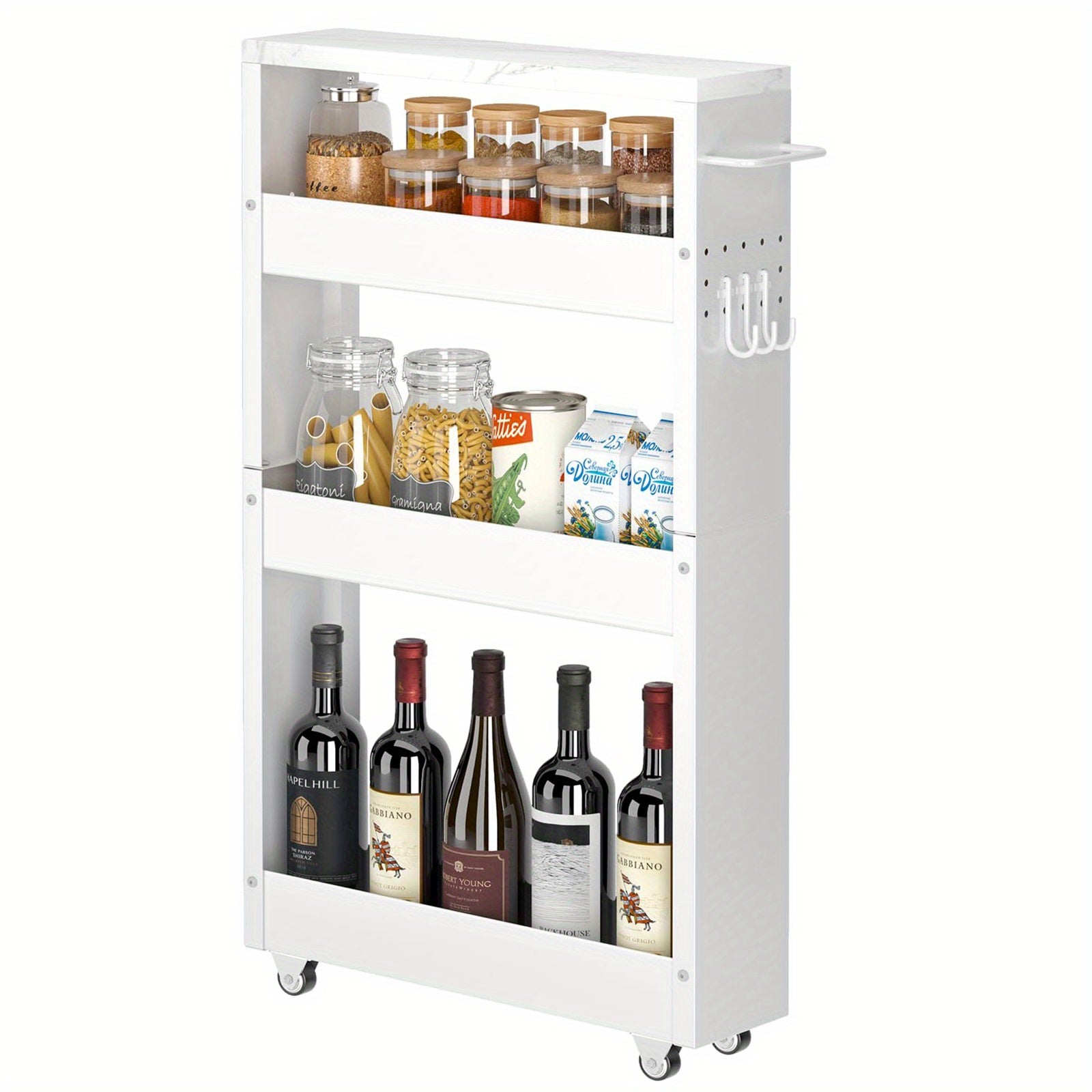 4-Tier White Rolling Storage Cart – Carbon Steel Slim Design with Wheels for Kitchen, Bathroom & Laundry Room Organization, Spice Rack & Condiment Storage, Compact Mobility for Narrow Spaces