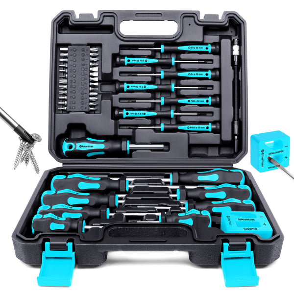 Amartisan 43pcs Magnetic Screwdriver Set with Case, Chrome Vanadium Steel, Includes Slotted, Phillips, Hex, Pozidriv, Torx & Precision Screwdrivers, Magnetizer/Demagnetizer, Flexible Shaft for Home Repair, DIY & Professional Use