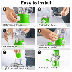 Rotary Vegetable Shredder 3 in 1 Rotary Cheese Grater Round Vegetable Mandoline Blades Handheld Fruit Vegetable Slicer Shredder for Fruit Nut and Vegetable Grate Green