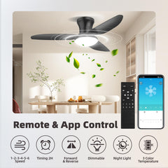 Modern Ceiling Fan Light with Remote Control - Dimmable Fixture, 6-Speed Adjustable Fan & 3-Tier Color Temperature (3000K/4500K/6500K), Timer, Suitable for, Semi-Recessed Installation, Bohemian Style Ceiling Light with Fan