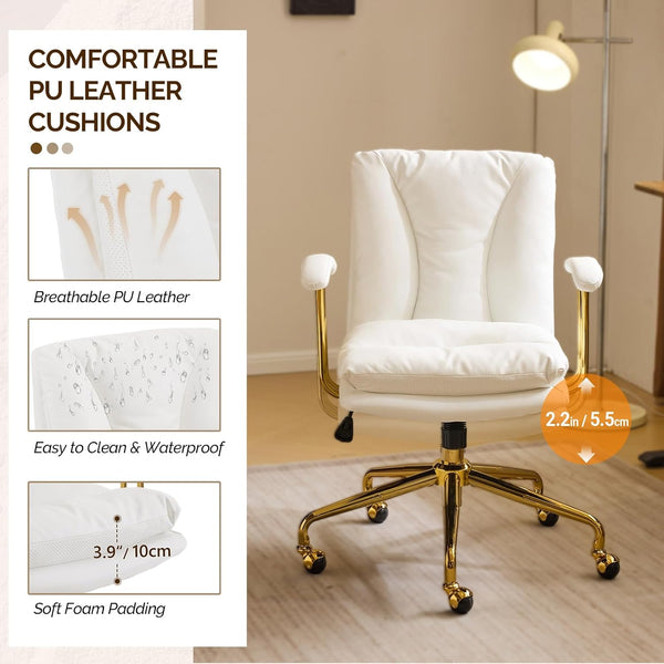 Office Chair Desk Chair with Wheels & Removable Armrests Gold Base Vanity Chair with Back Adjustable Rolling Swivel Computer Task Chair PU Leather