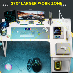 L Shaped Gaming Desk with Power Outlets Corner Computer Desk 110x80CM with Shelves Headphone Hook PC Table Workstation for Home Office Bedroom