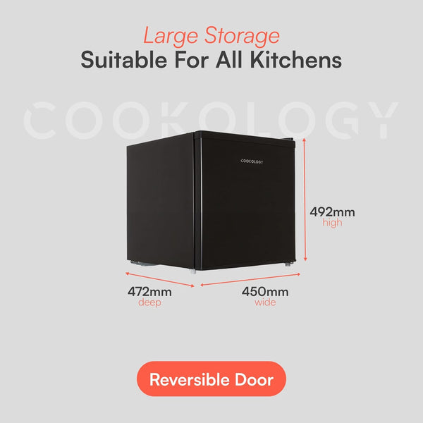 Cookology MFR45BK Small Table Top Mini Fridge in Black - 46 Litre Capacity - for Counter Tops - Reversible Door - Adjustable Temperature Control & Legs - with Chiller Box