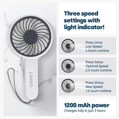 LIVIVO Handheld Mini Fan - 3 Speed Settings Rechargeable Type-C USB White