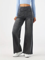 Women'S High-Waist Stretch Denim Wide-Leg Pants with Multiple Pockets, Distressed Vintage Casual Denim Long Pants