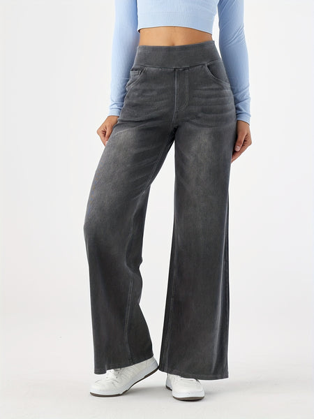 Women'S High-Waist Stretch Denim Wide-Leg Pants with Multiple Pockets, Distressed Vintage Casual Denim Long Pants