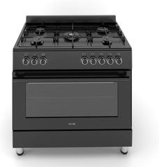 HYE Freestanding Gas Cooker 90Cm with Large Single Electric Oven, 5 Gas Burners, Timer, Child Lock, Accessories, Digital Controls, Adjustable Alarm & Modern Black Finish – C01FS90G17 [2025]