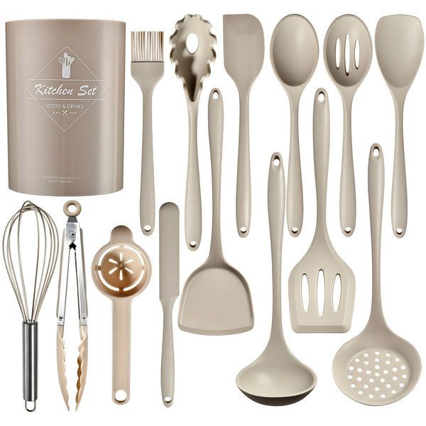 Silicone Kitchen Utensils Set 15pcs, Food Grade Silicone Cooking Utensils with Storage Holder, Non-Scratch Dishwasher Safe Non-Stick Cookware Friendly for Cooking Baking Frying Mixing Stirring Serving Grilling Kitchen Prep, Black & Khaki Available